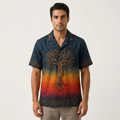 Men's Tree of Life Ombre Embroidered Cuban Collar Shirt | Premium Casual Half Sleeve Shirt