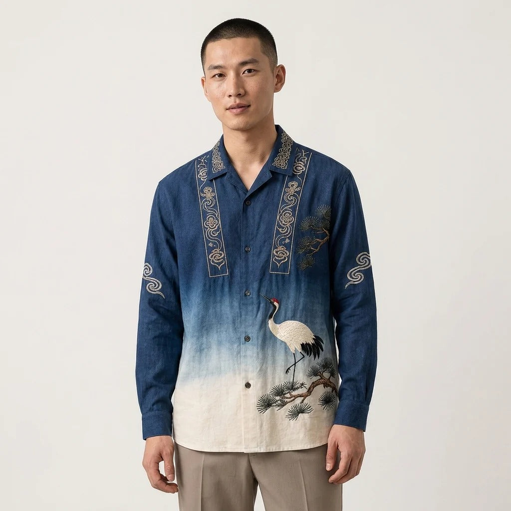 Men's Blue Gradient Embroidered Crane Linen Blend Shirt | Premium Long Sleeve Casual Shirt