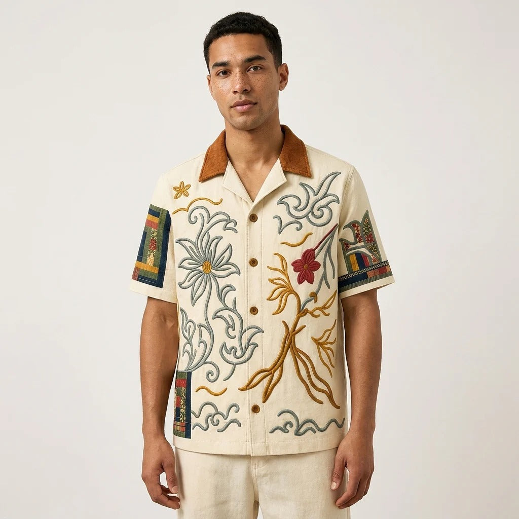 Men's Cream Floral Embroidered Cuban Collar Shirt | Premium Linen Blend Casual Half Sleeve Shirt