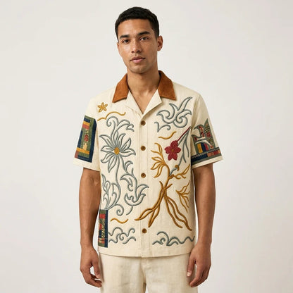 Men's Cream Floral Embroidered Cuban Collar Shirt | Premium Linen Blend Casual Half Sleeve Shirt