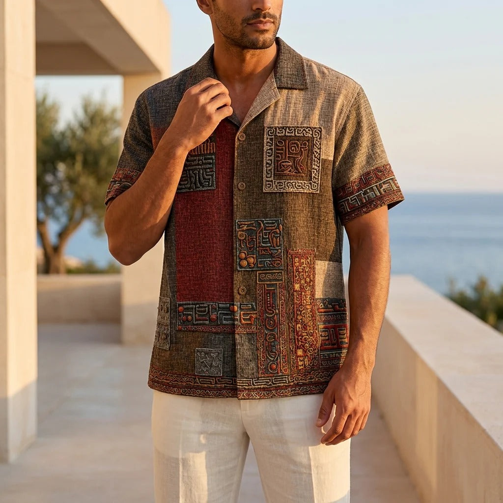 Men's Vintage Tribal Patchwork Cuban Collar Shirt | Premium Linen Blend Casual Half Sleeve Shirt