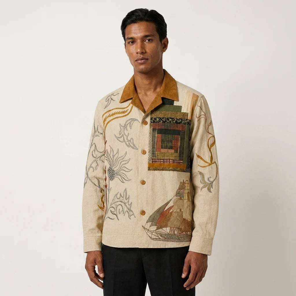 Men's Beige Artistic Embroidered Linen Blend Shirt | Premium Long Sleeve Casual Button-Up Shirt