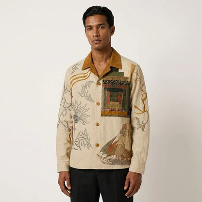 Men's Beige Artistic Embroidered Linen Blend Shirt | Premium Long Sleeve Casual Button-Up Shirt