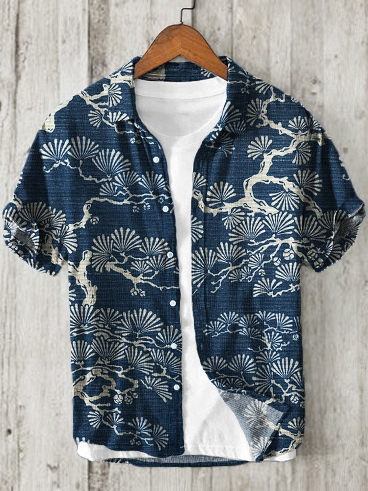 Men's Japanese Pine Tree Cotton Linen Shirt | Vintage Short Sleeve Casual Summer Shirt