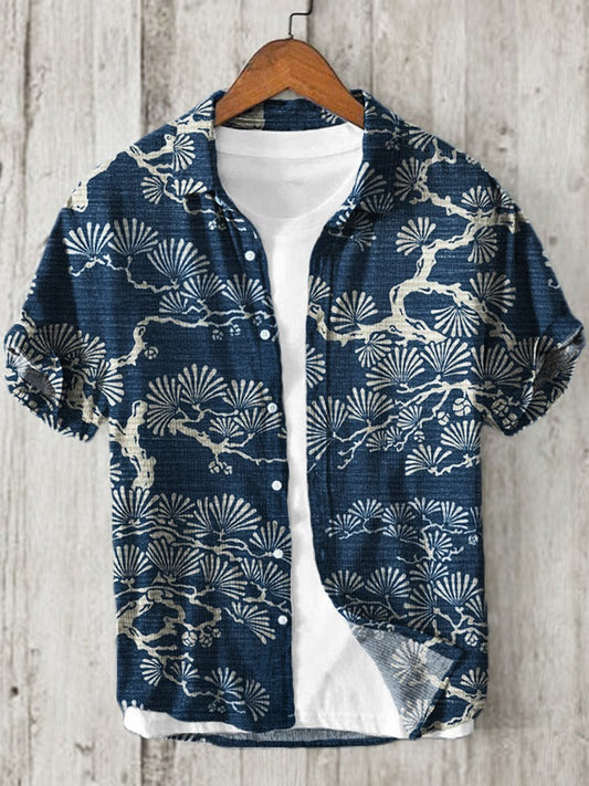 Men's Japanese Pine Tree Cotton Linen Shirt | Vintage Short Sleeve Casual Summer Shirt