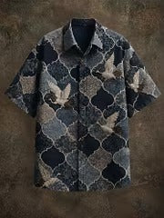 Men's Blue Crane Pattern Print Shirt | Premium Japanese Style Cotton Linen Casual Half Sleeve Shirt
