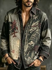 Men's Vintage Samurai Dragon Graphic Shirt | Distressed Japanese Style Long Sleeve Button-Up | Uroba.shop