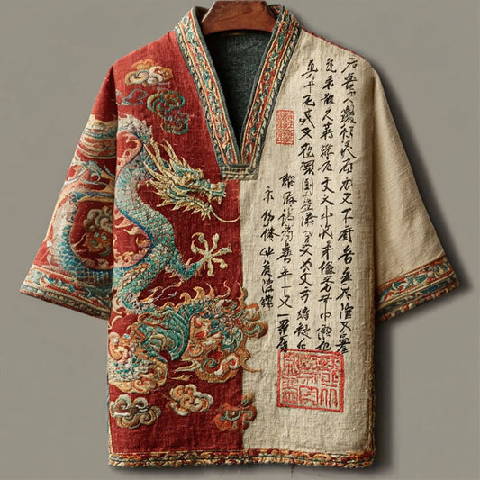 Men's Vintage Dragon Embroidered Kimono Shirt | Premium Japanese Style Linen Blend Half Sleeve Top