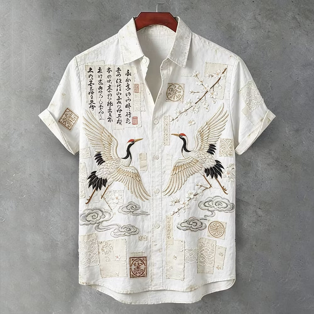 Men's White Crane Embroidered Linen Blend Shirt | Premium Japanese Style Casual Half Sleeve Shirt