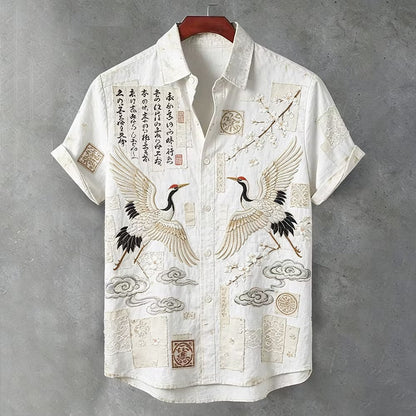 Men's White Crane Embroidered Linen Blend Shirt | Premium Japanese Style Casual Half Sleeve Shirt