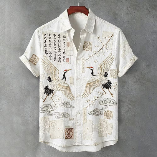 Men's White Crane Embroidered Linen Blend Shirt | Premium Japanese Style Casual Half Sleeve Shirt