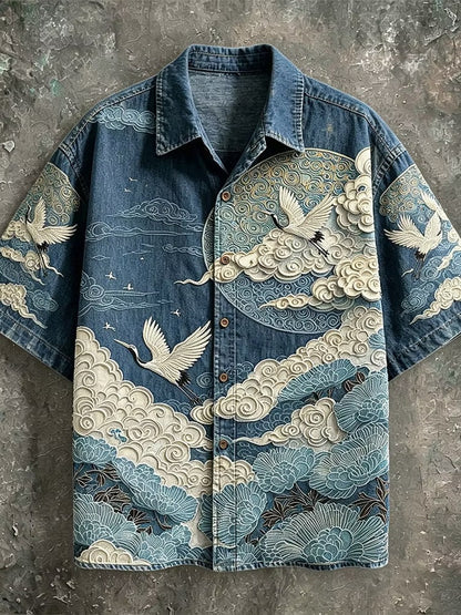 Men's Blue Crane Cloud Print Shirt | Premium Japanese Style Cotton Linen Casual Half Sleeve Shirt