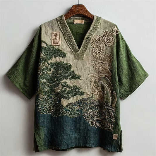 Men's Japanese Zen Landscape V-Neck Cotton Linen Shirt | Vintage Bamboo Nature Casual Tee