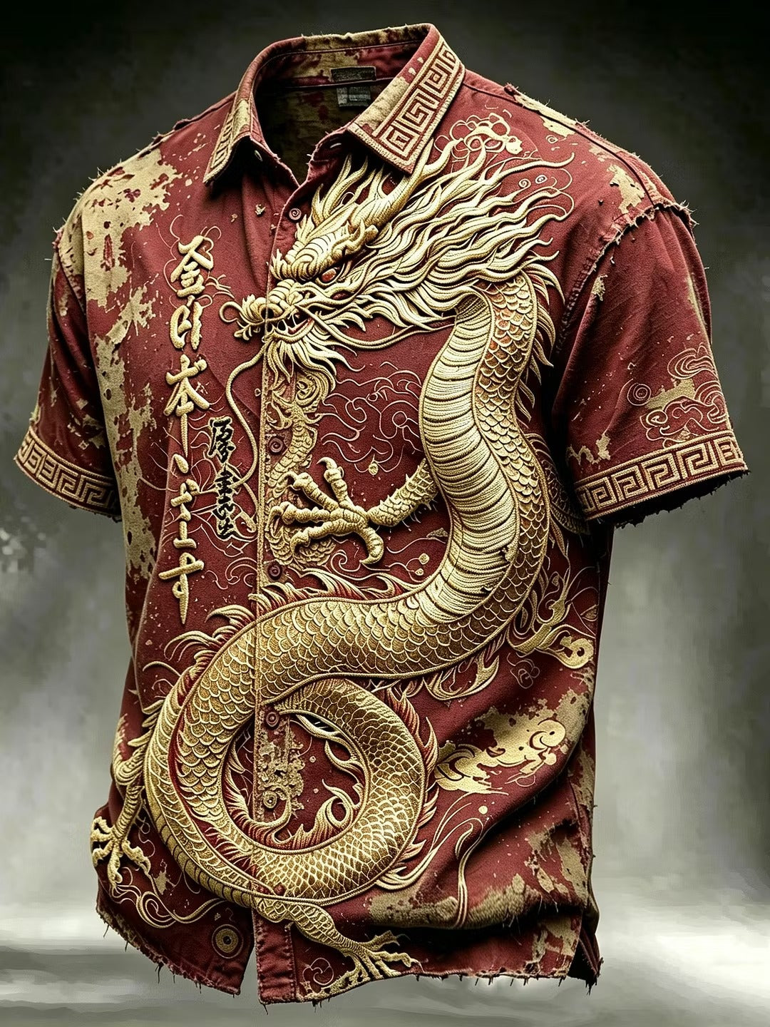 Men's Burgundy Golden Dragon Print Shirt | Premium Asian Style Casual Half Sleeve Button-Up Shirt