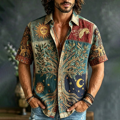 Men's Vintage Tree of Life Celestial Print Short Sleeve Button-Up Shirt | Boho Casual Summer Shirt