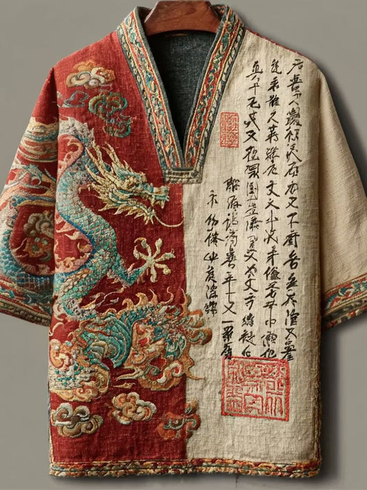 Men's Vintage Dragon Embroidered Kimono Shirt | Premium Japanese Style Linen Blend Half Sleeve Top