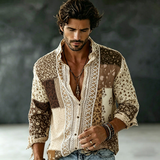 Men's Vintage Patchwork Bohemian Lace Shirt | Floral Print Long Sleeve Button-Up | Uroba.shop
