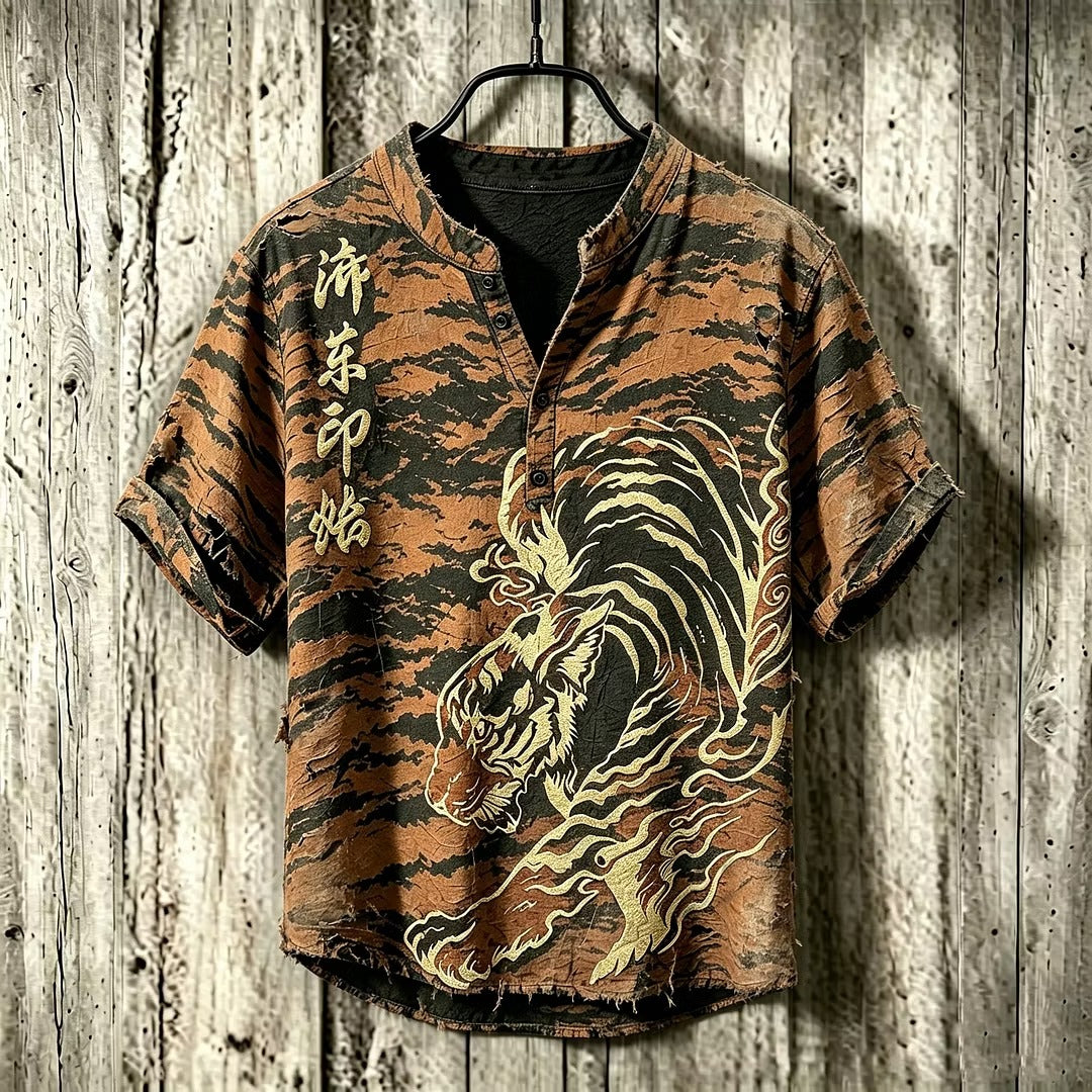 Men's Vintage Tiger Graphic Henley Shirt | Premium Japanese Style Cotton Linen Casual Half Sleeve Shirt