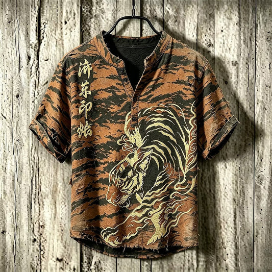 Men's Vintage Tiger Graphic Henley Shirt | Premium Japanese Style Cotton Linen Casual Half Sleeve Shirt