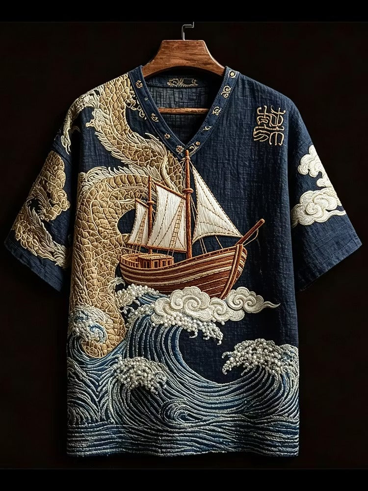 Men's Japanese Dragon Ship Embroidered V-Neck Shirt | Premium Cotton Linen Casual Half Sleeve Tee