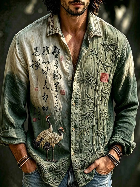 Men's Olive Green Japanese Art Print Cotton Linen Shirt | Bamboo & Crane Vintage Casual Long Sleeve Shirt | Uroba.shop