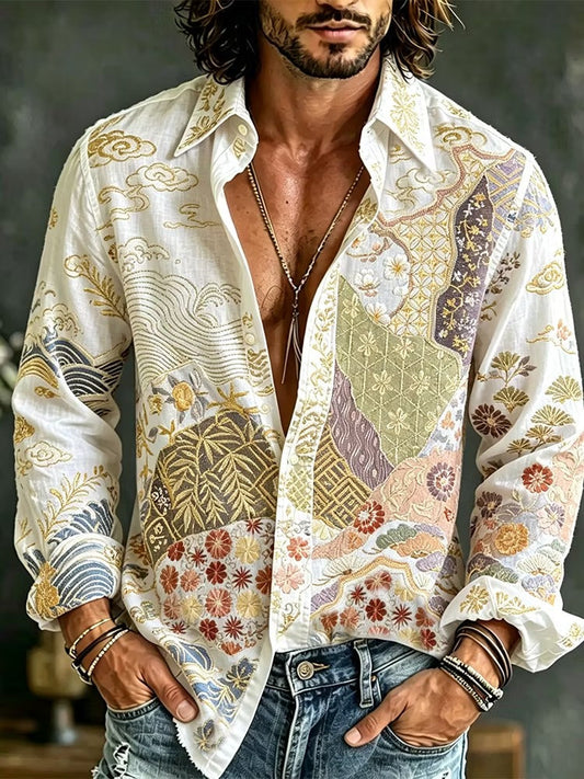 Men's White Japanese Art Print Cotton Linen Shirt | Premium Long Sleeve Vintage Casual Button-Up | Uroba.shop