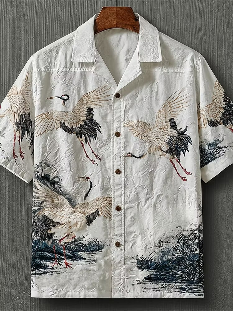 Men's White Flying Crane Print Cuban Collar Shirt | Premium Japanese Style Casual Half Sleeve Shirt