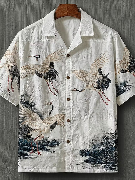 Men's White Flying Crane Print Cuban Collar Shirt | Premium Japanese Style Casual Half Sleeve Shirt