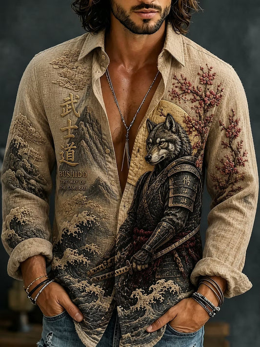 Men's Bushido Samurai Wolf Print Cotton Linen Shirt | Vintage Japanese Long Sleeve Casual Shirt | Uroba.shop