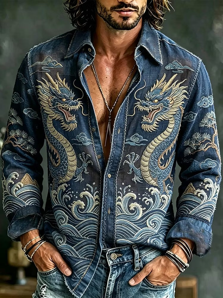 Men's Japanese Twin Dragon Denim Shirt | Vintage Ocean Wave Graphic Button-Up | Uroba.shop