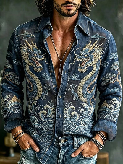 Men's Japanese Twin Dragon Denim Shirt | Vintage Ocean Wave Graphic Button-Up | Uroba.shop