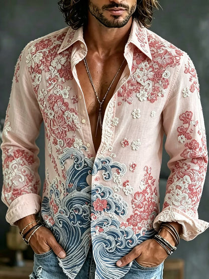 Men's Blush Pink Floral Embroidered Cotton Linen Shirt | Japanese Wave Print Long Sleeve Casual Shirt | Uroba.shop