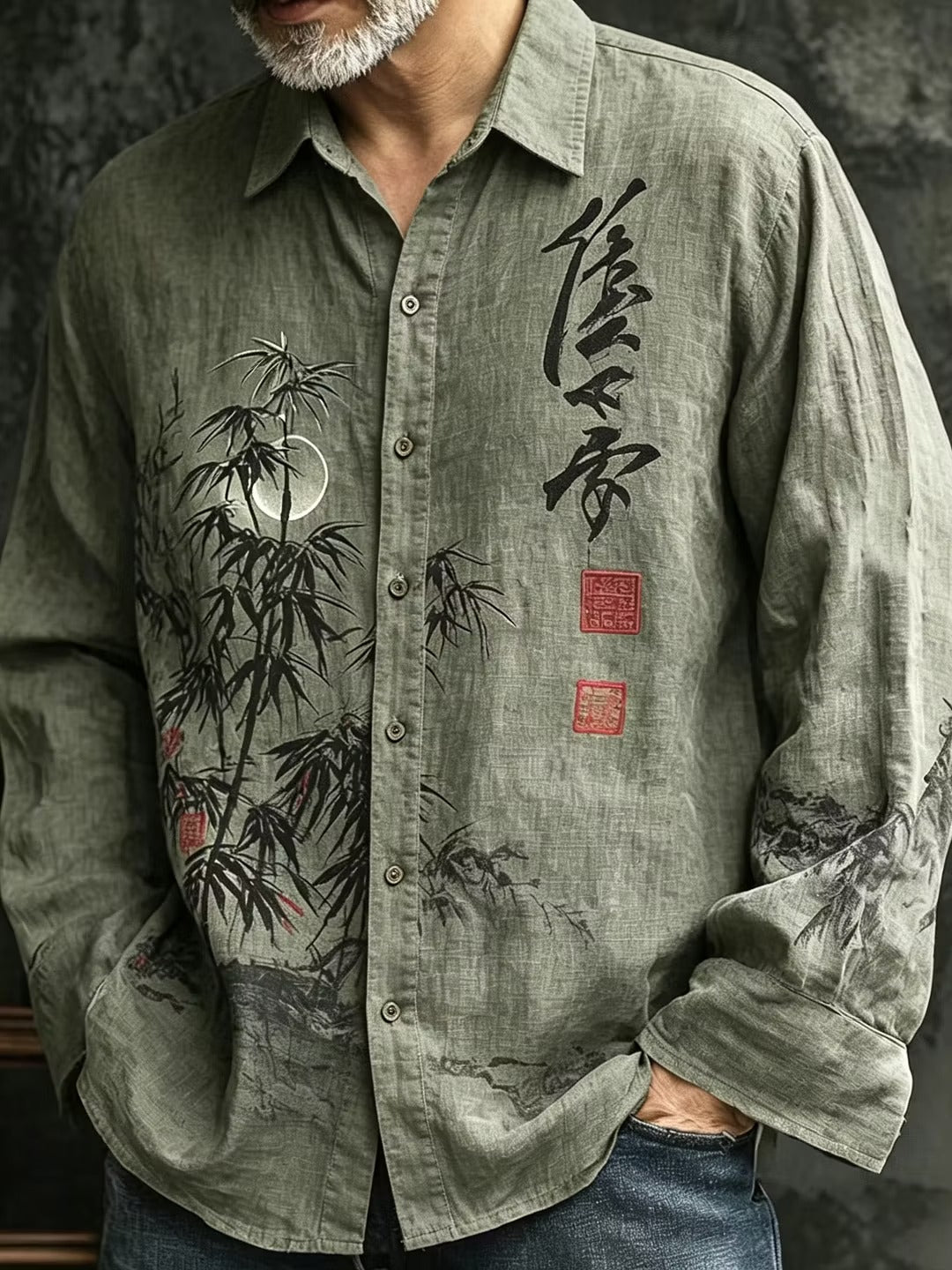 Men's Sage Green Japanese Bamboo Print Cotton Linen Shirt | Vintage Long Sleeve Casual Button-Up | Uroba.shop