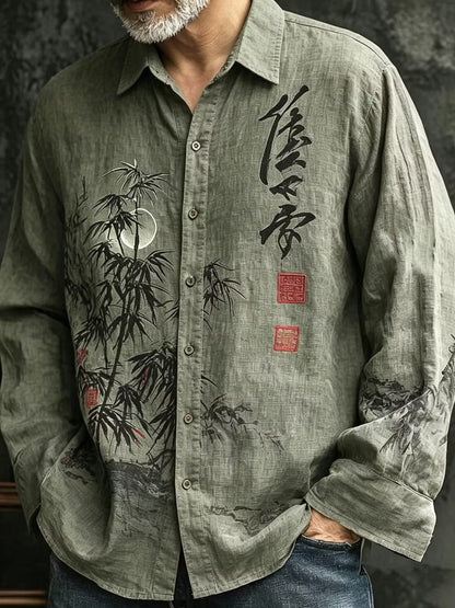 Men's Sage Green Japanese Bamboo Print Cotton Linen Shirt | Vintage Long Sleeve Casual Button-Up | Uroba.shop