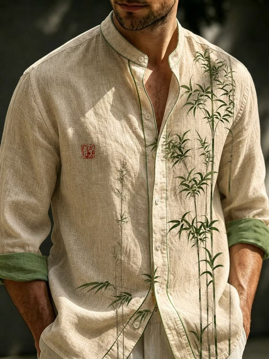 Men's Beige Bamboo Print Cotton Linen Shirt | Mandarin Collar Long Sleeve Casual Button-Up | Uroba.shop