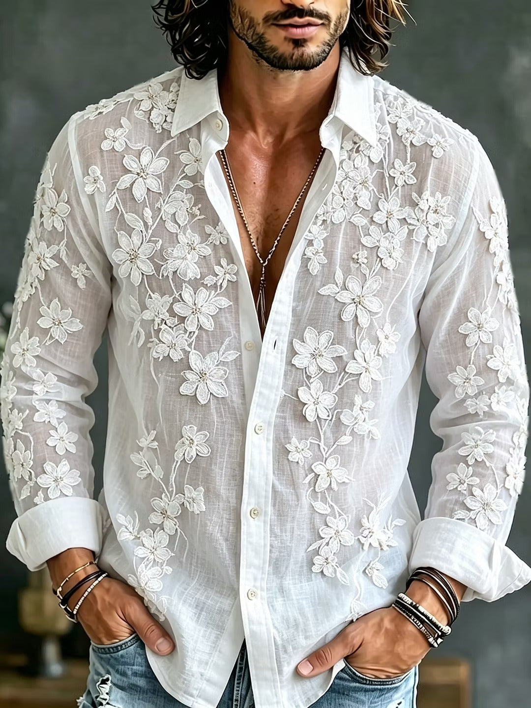 Men's White Sheer Floral Embroidered Shirt | Premium Mesh Long Sleeve Button-Up Party Shirt | Uroba.shop