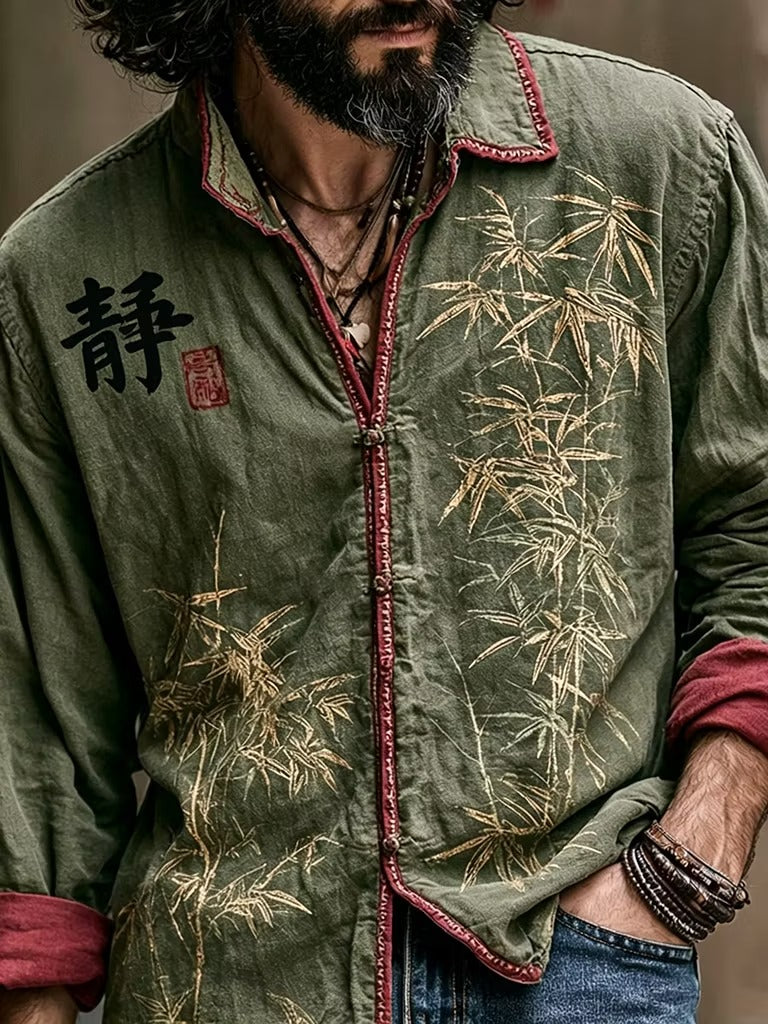 Men's Olive Green Vintage Bamboo Print Casual Cotton Linen Shirt | Long Sleeve Retro Button-Up | Uroba.shop