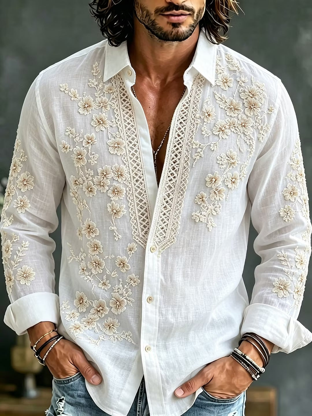 Men's White Floral Embroidered Cotton Linen Shirt | Luxury Long Sleeve Casual Button-Up | Uroba.shop