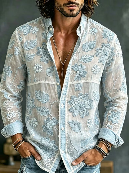 Men's Sky Blue Sheer Floral Embroidered Shirt | Premium Mesh Long Sleeve Button-Up Party Shirt | Uroba.shop