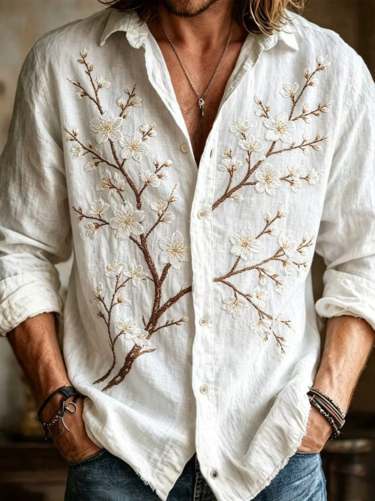 Men's White Cherry Blossom Embroidered Linen Shirt | Premium Long Sleeve Casual Button-Up | Uroba.shop