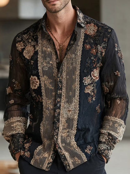 Men's Black Floral Embroidered Mesh Shirt | Luxury Long Sleeve Sheer Party Button-Up | Uroba.shop