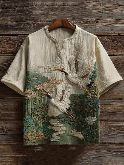 Men's Japanese Crane Bamboo Landscape Cotton Linen V-Neck Shirt | Vintage Zen Summer Tee