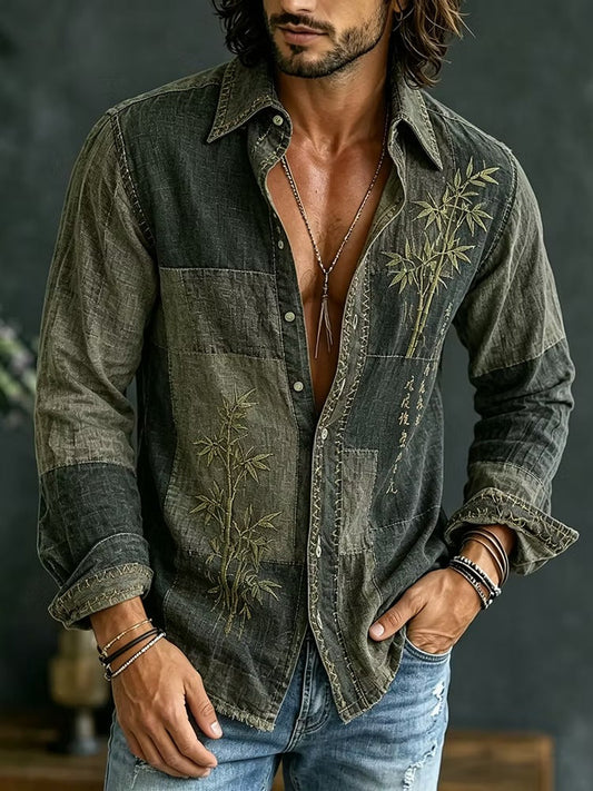 Men's Vintage Patchwork Cotton Linen Shirt | Dark Olive Bamboo Embroidered Long Sleeve Casual Shirt | Uroba.shop
