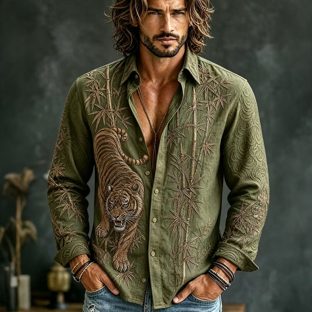 Men's Olive Green Tiger Embroidered Cotton Linen Shirt | Japanese Bamboo Long Sleeve Casual Shirt | Uroba.shop