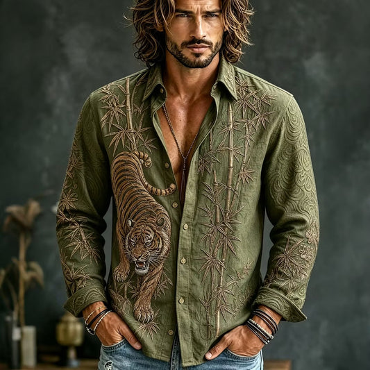 Men's Olive Green Tiger Embroidered Cotton Linen Shirt | Japanese Bamboo Long Sleeve Casual Shirt | Uroba.shop