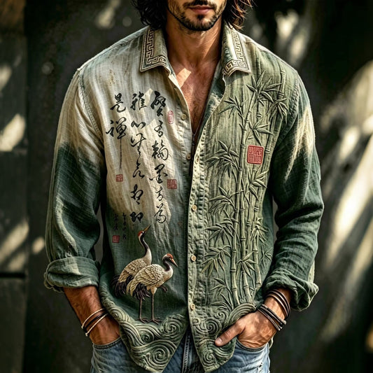 Men's Olive Green Japanese Art Print Cotton Linen Shirt | Bamboo & Crane Vintage Casual Long Sleeve Shirt | Uroba.shop