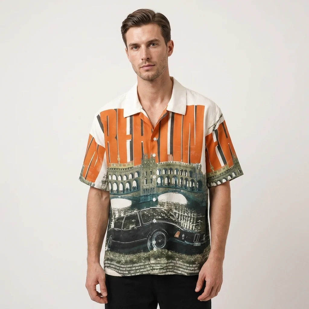 Men's Berlin Graphic Print Cuban Collar Shirt | Vintage Cityscape Casual Half Sleeve Shirt