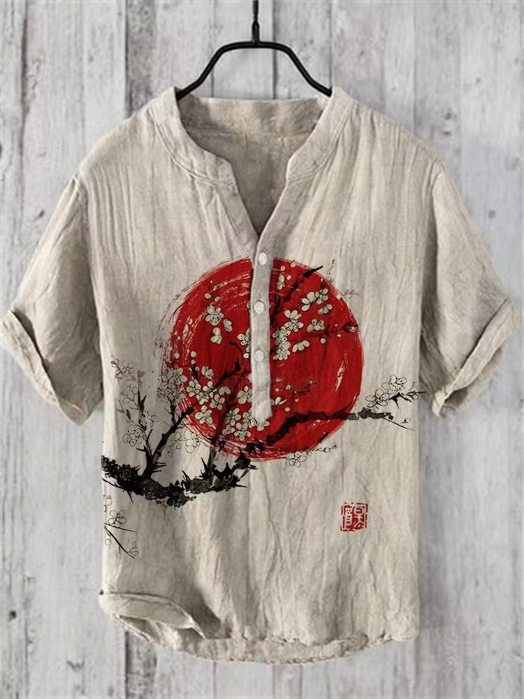 Men's Japanese Red Sun Sakura Cotton Linen Henley Shirt | Zen Minimalist Summer Casual Shirt