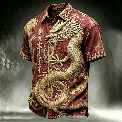 Men's Burgundy Golden Dragon Print Shirt | Premium Asian Style Casual Half Sleeve Button-Up Shirt