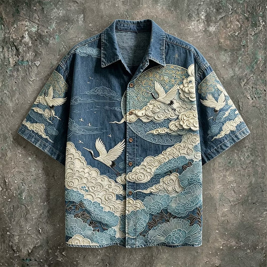 Men's Blue Crane Cloud Print Shirt | Premium Japanese Style Cotton Linen Casual Half Sleeve Shirt